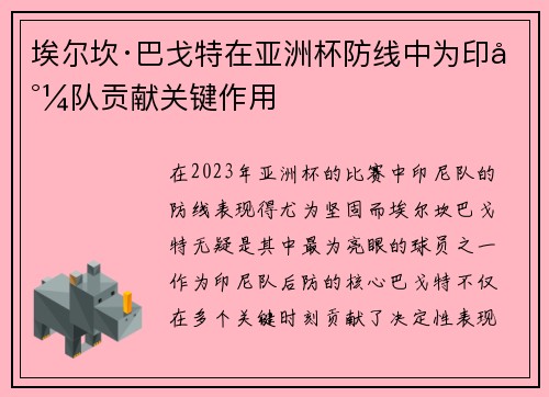 埃尔坎·巴戈特在亚洲杯防线中为印尼队贡献关键作用